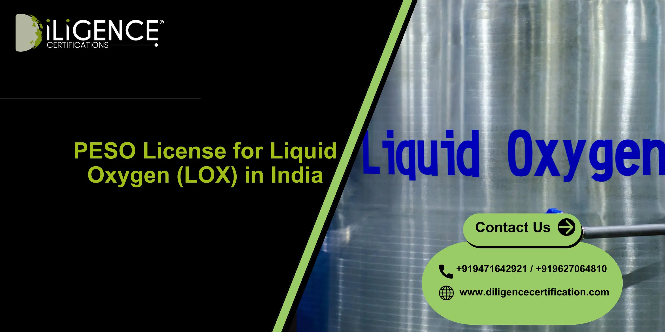 PESO License for Liquid Oxygen (LOX) by Diligence Certification for safe LOX storage and compliance in India.