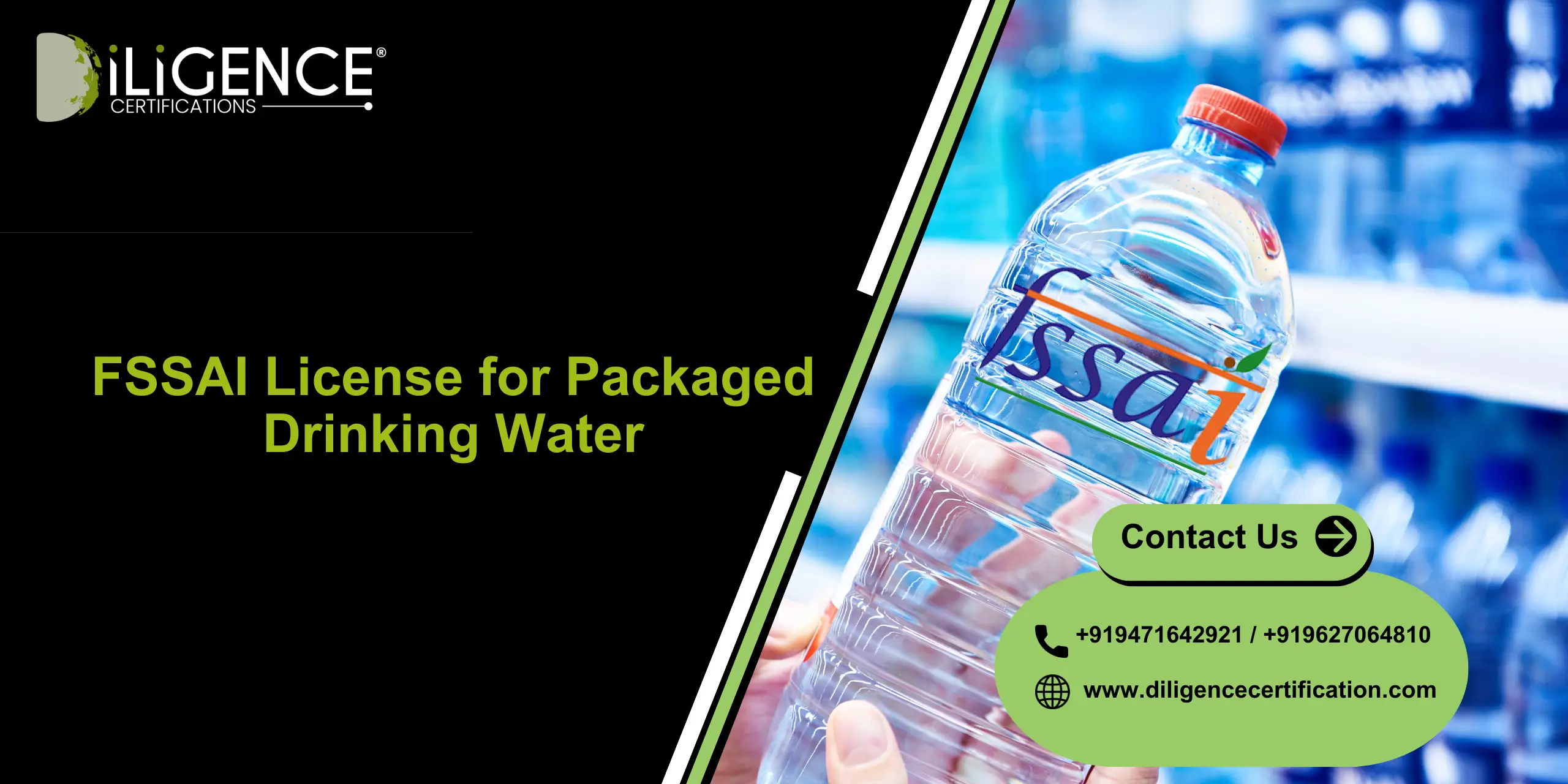 FSSAI for Packaged Drinking Water compliance support by Diligence Certification, best consultant for water plant licensing in India