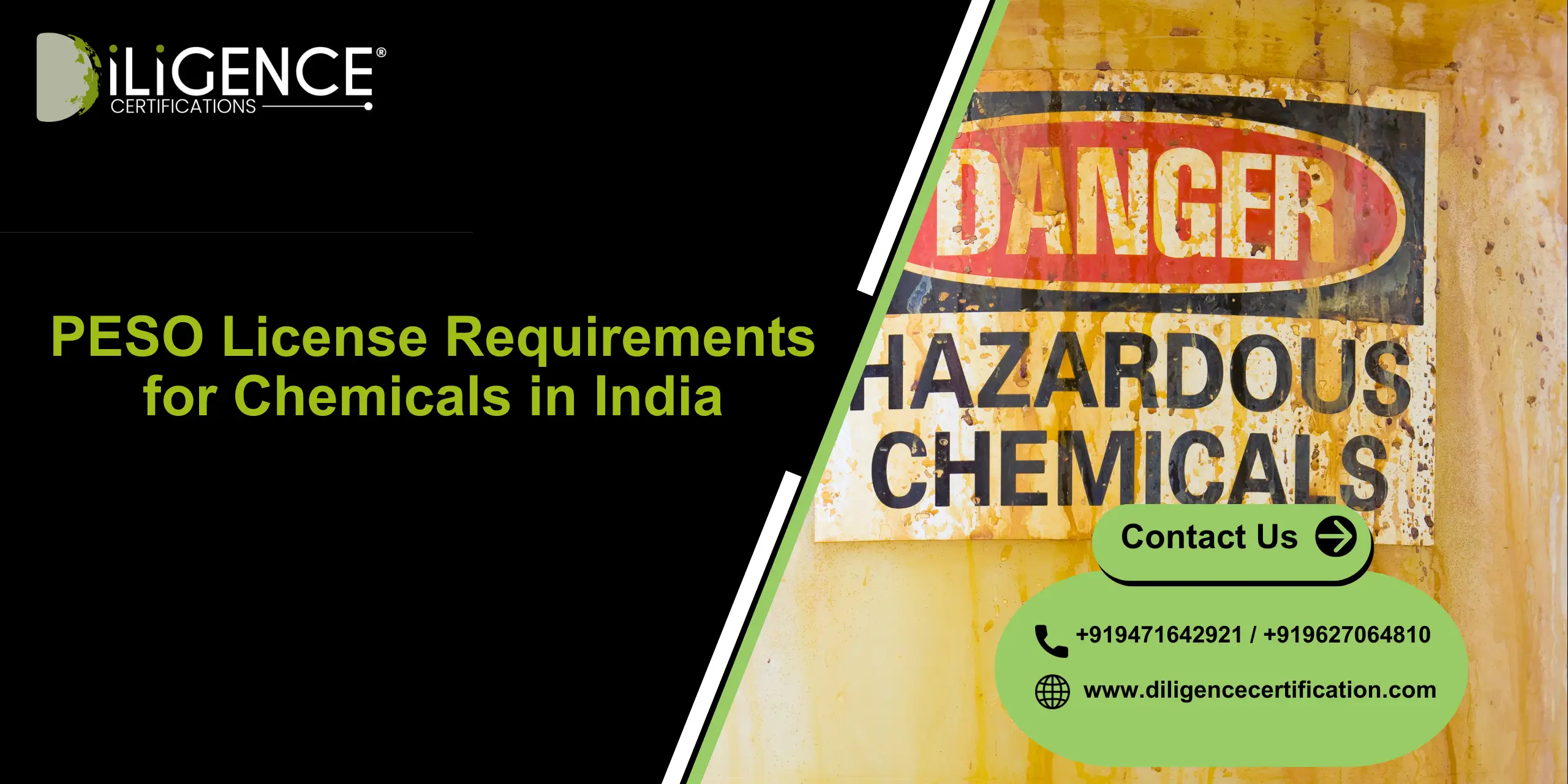 Get PESO License for Chemicals in India with Diligence Certification, the best consultancy for safe and smooth chemical compliance.