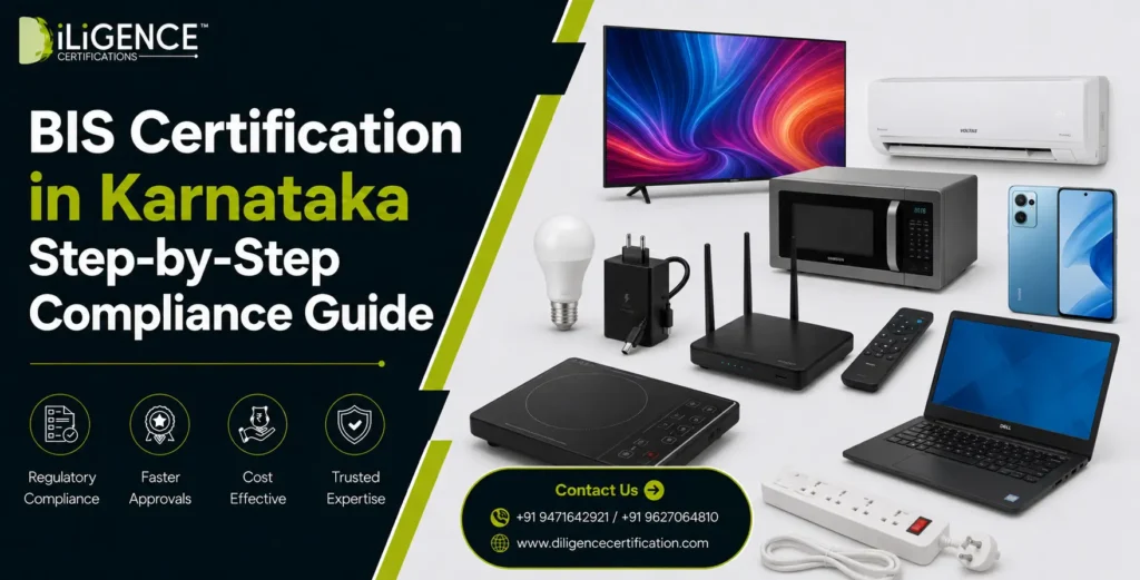 **Alt Text:** **"BIS Certification in Karnataka banner with consumer electronic products and compliance services by Diligence Certifications."**
