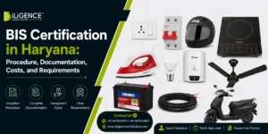 BIS Certification in Haryana banner showing procedure, documentation, costs, requirements, and BIS-certified electronic products for manufacturers and importers.