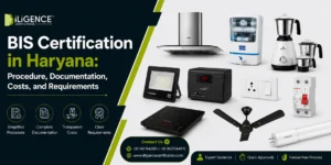 BIS Certification in Haryana banner showing procedure, documentation, costs, requirements, and BIS-certified electronic products for manufacturers and importers.
