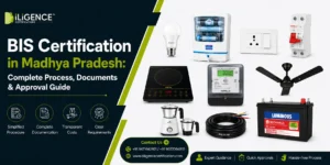 BIS Certification in Madhya Pradesh banner featuring complete process, documents, approval guide, and BIS-related electronic products for manufacturers and importers