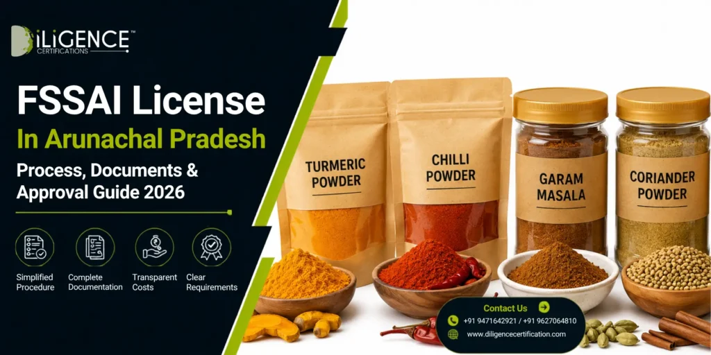 FSSAI License in Arunachal Pradesh process, documents and approval guide 2026 with food products including spices.