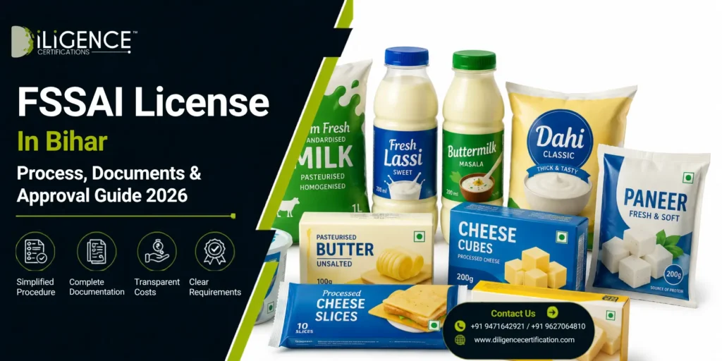 FSSAI License in Bihar for packaged dairy products including milk, curd, paneer, butter, cheese and lassi products for food business registration
