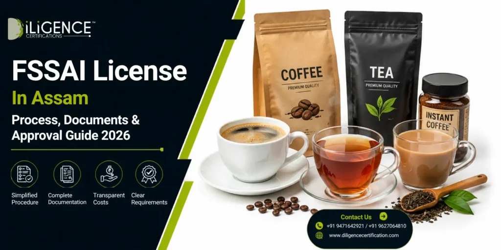 "FSSAI License in Assam for beverage products featuring fresh juices, tea and coffee items arranged on a white background for FSSAI registration and food license blog content."