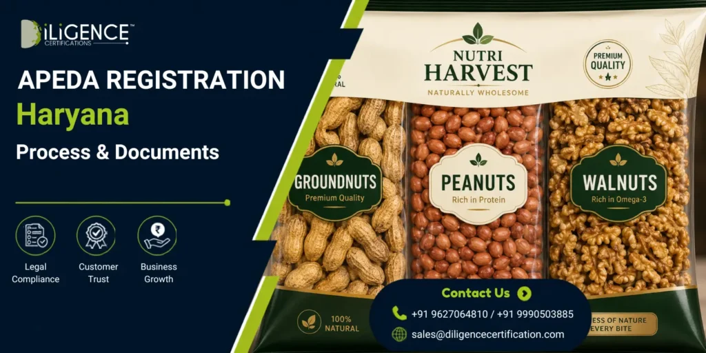 APEDA Registration in Haryana banner featuring packaged groundnuts, peanuts, and walnuts with Diligence Certifications branding.