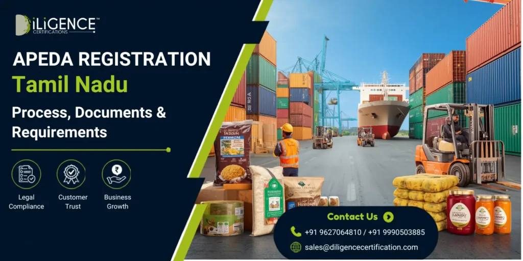 "APEDA Registration in Tamil Nadu banner featuring an export port with shipping containers, cargo ship, forklifts, and packaged agricultural and processed food products representing export compliance services by Diligence Certifications."