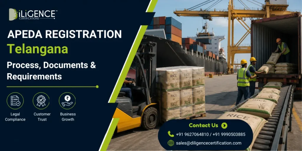 **Alt Text:** **"APEDA Registration in Haryana banner featuring packaged rice with Diligence Certifications branding."**
