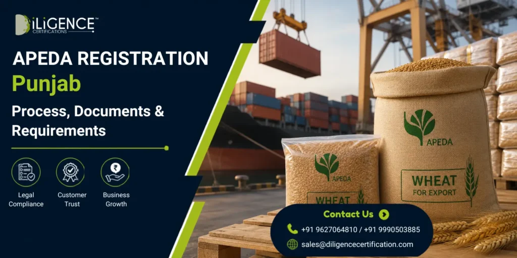 APEDA Registration in Punjab banner featuring an export port with shipping containers, cargo ship, forklifts, and packaged agricultural and processed food products representing export compliance services by Diligence Certifications