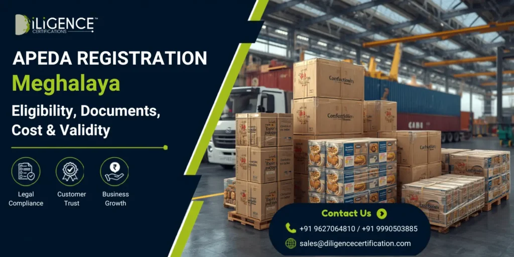 APEDA Registration in Meghalaya banner with packaged food export boxes, warehouse, and logistics.
