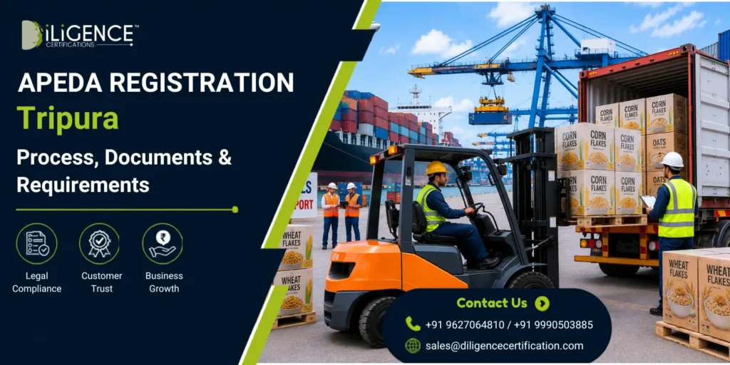 APEDA Registration in Tripura banner featuring an export port with shipping containers, cargo ship, forklifts, and packaged agricultural and processed food products representing export compliance services by Diligence Certifications.