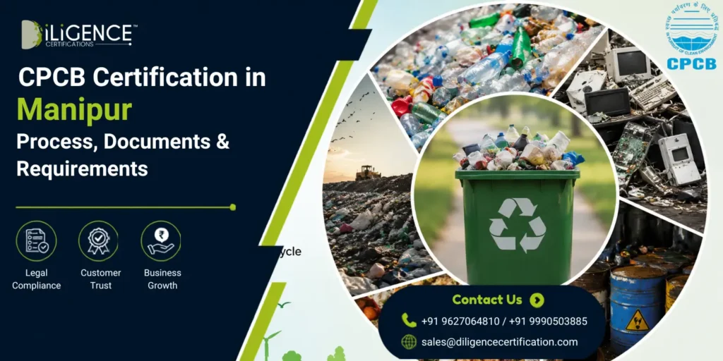 CPCB Certification in Manipur guide featuring plastic waste, e-waste, hazardous waste, recycling, compliance, and EPR-related waste management services