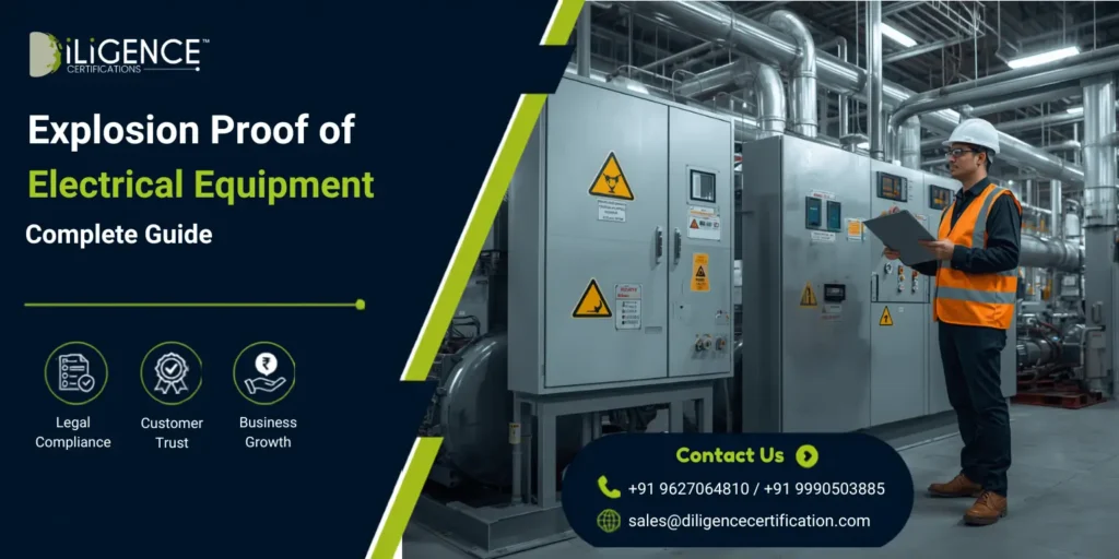 Explosion-proof electrical equipment including an Ex-rated control panel, junction boxes, and industrial lighting installed in a petrochemical plant. The image highlights PESO-compliant hazardous area electrical equipment used in oil & gas, chemical, pharmaceutical, and petrochemical industries, with DiLiGENCE Certifications branding and a modern industrial background.