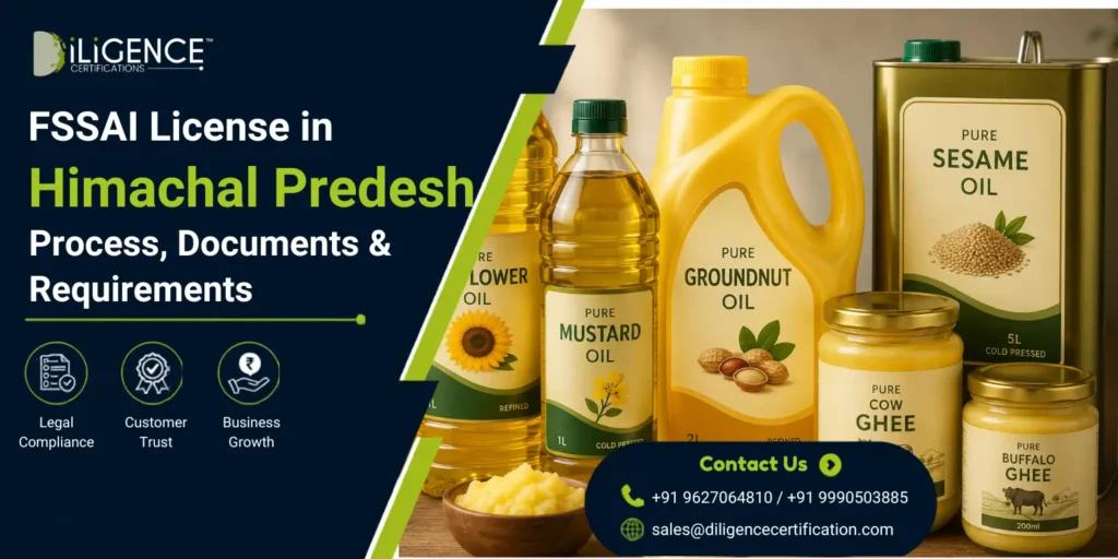 "FSSAI License in Himachal Pradesh banner featuring packed edible oil bottles (sunflower, mustard, groundnut, sesame) and ghee containers, highlighting the licensing process, required documents, and registration requirements for food businesses."