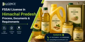 "FSSAI License in Himachal Pradesh banner featuring packed edible oil bottles (sunflower, mustard, groundnut, sesame) and ghee containers, highlighting the licensing process, required documents, and registration requirements for food businesses."