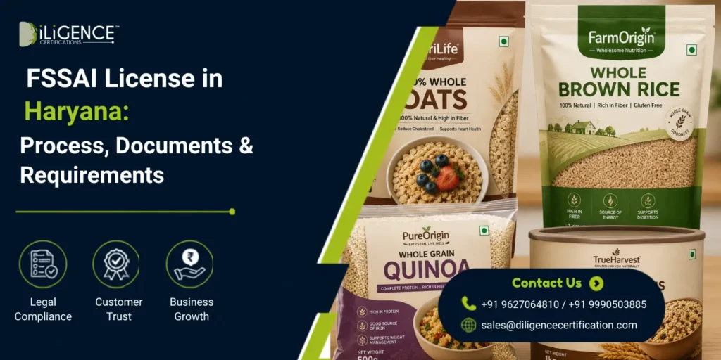 fssai License in Haryana Packed whole grain products including oats, brown rice, quinoa, and multigrain mix displayed in premium retail packaging for FSSAI food license and packaged food blog content