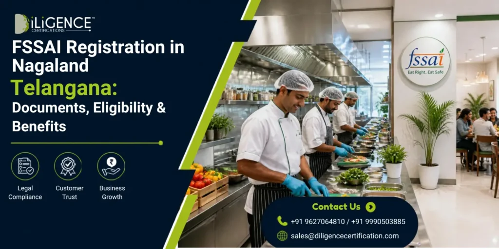 FSSAI Registration in Telangana – commercial kitchen with chefs, FSSAI logo, and Diligence Certifications banner