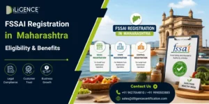 FSSAI Registration in Maharashtra with FSSAI logo, Gateway of India, food products, and registration categories.