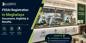 FSSAI Registration in Meghalaya commercial kitchen with chefs, FSSAI logo, and Diligence Certifications banner highlighting legal compliance, customer trust, and business growth