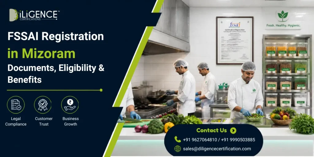 FSSAI Registration in Mizoram – commercial kitchen with chefs, FSSAI logo, and Diligence Certifications banner highlighting legal compliance, customer trust, and business growth