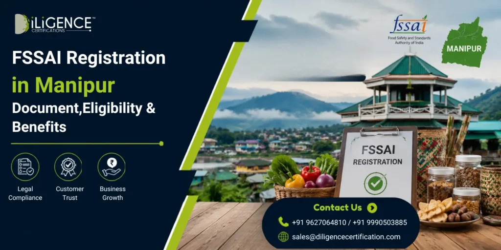 FSSAI Registration in Manipur with FSSAI logo, fresh food products, and compliance benefits.