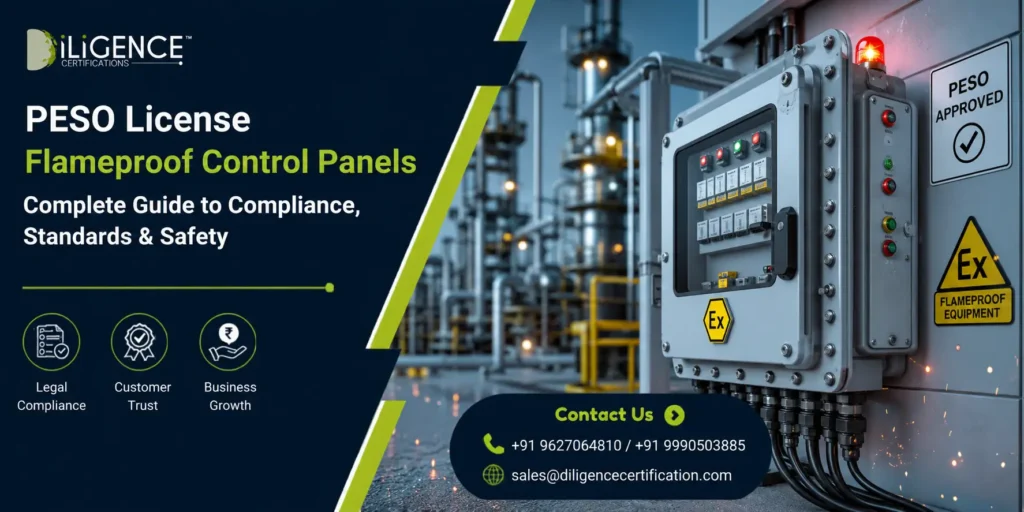 PESO License for Flameproof Control Panels banner featuring an explosion-proof electrical control panel in an industrial facility with compliance and safety certification theme.