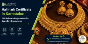 Hallmark Certificate in Karnataka – Diligence Certifications promotional banner featuring traditional gold jewellery set, BIS Hallmark Registration for jewellery businesses, contact details, and Hallmark Certified logo