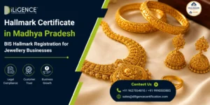Hallmark Certificate in Madhya Pradesh banner featuring BIS Hallmark Registration for jewellery businesses, gold ring and bracelet, Diligence Certifications branding, and BIS Hallmark certification assistance.