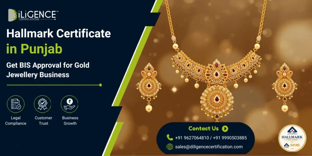 BIS Hallmark Certificate in Punjab promotional banner featuring a gold necklace and earrings, highlighting BIS approval for gold jewellery businesses, legal compliance, customer trust, and business growth.