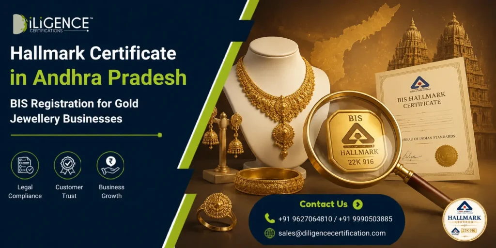 Hallmark Certificate in Andhra Pradesh banner with BIS hallmark certificate, premium gold jewellery, and Diligence Certifications branding.