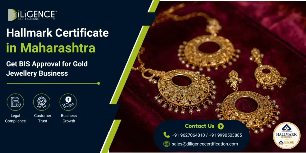 Promotional banner for Hallmark Certificate in Maharashtra featuring gold jewellery, BIS Hallmark certification, legal compliance, customer trust, business growth, and contact details for jewellery business registration services.