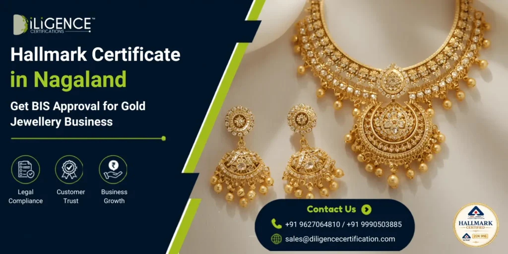 BIS Hallmark Certificate in Odisha promotional banner featuring a gold necklace and earrings, highlighting BIS approval for gold jewellery businesses, legal compliance, customer trust, and business growth.