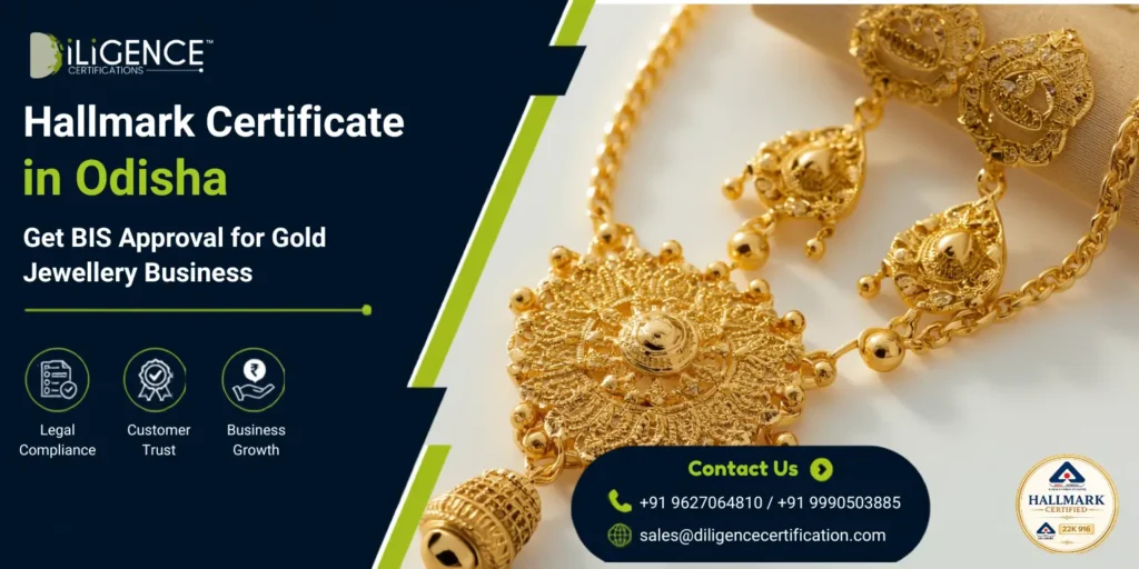 BIS Hallmark Certificate in Odisha promotional banner featuring a gold necklace and earrings, highlighting BIS approval for gold jewellery businesses, legal compliance, customer trust, and business growth.