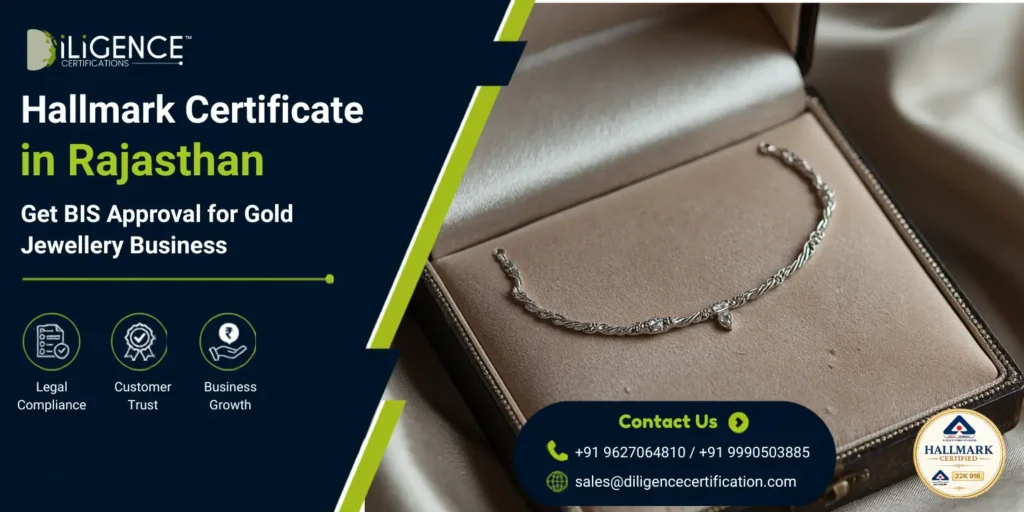 Silver hallmark anklet displayed inside a premium jewellery box for BIS Hallmark Certificate in Rajasthan promotional banner.