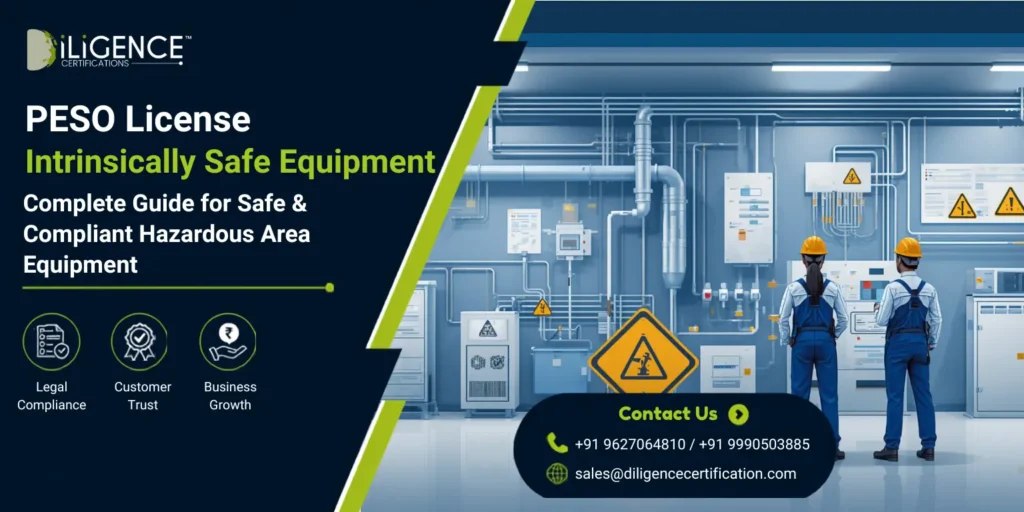 PESO License banner for intrinsically safe equipment featuring engineers inspecting industrial electrical panels in a hazardous area.