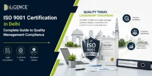 ISO 9001 Certification in Delhi banner with Quality Management System, ISO certificate, and business compliance.