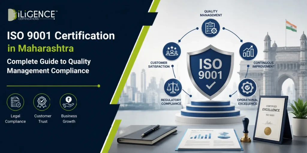 ISO 9001 Certification in Maharashtra banner with a 3D ISO 9001 shield, quality management icons, certification documents, and corporate compliance visuals.