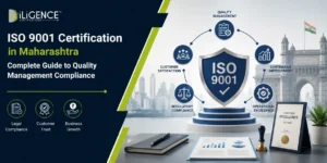 ISO 9001 Certification in Maharashtra banner with a 3D ISO 9001 shield, quality management icons, certification documents, and corporate compliance visuals.