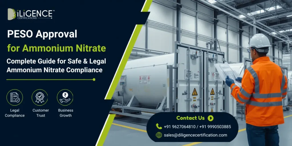 PESO Approval for Ammonium Nitrate Industrial ammonium nitrate storage tanks with a safety officer inspecting compliance documents inside a manufacturing facility for PESO certification and regulatory compliance in India.
