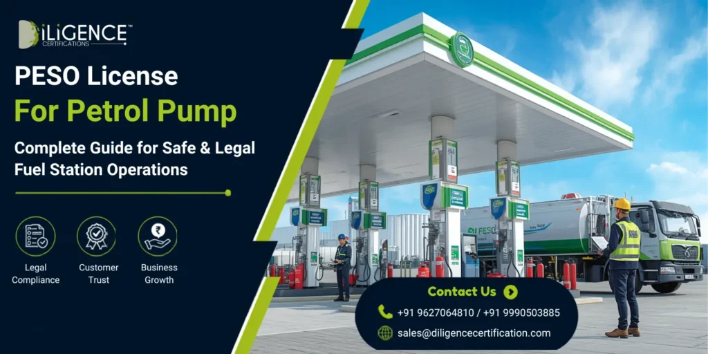 PESO Approval PESO License for Petrol Pump with oil storage tanks, fuel dispensing pump, helmet, , and Diligence Certifications branding