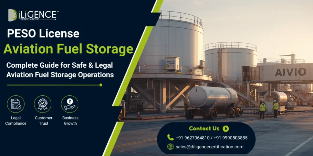 PESO License for Aviation Fuel Storage facility with large aviation fuel storage tanks, tanker truck, airport fuel infrastructure, and industrial fuel terminal for safe petroleum storage compliance.