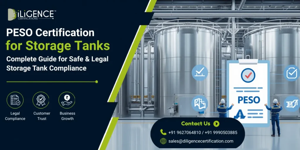 PESO Certification for Storage Tanks banner with industrial warehouse, safety inspection, and compliance checklist.