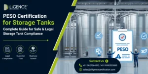 PESO Certification for Storage Tanks banner with industrial warehouse, safety inspection, and compliance checklist.