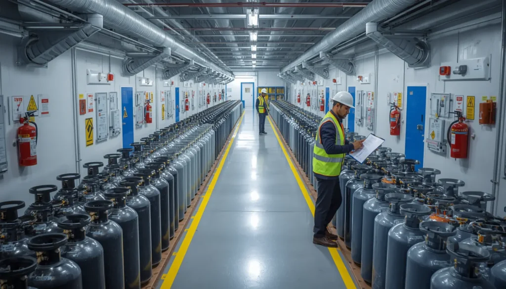Compressed Gas Storage Rules compliance inspection at industrial gas cylinder storage facility in India