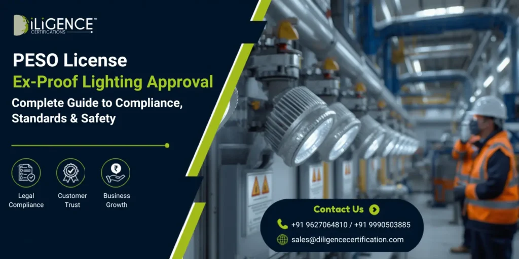 Promotional banner for PESO License Ex-Proof Lighting Approval by Diligence Certifications, featuring industrial explosion-proof LED lighting fixtures installed in a hazardous industrial facility with a safety worker in the background. The banner highlights compliance, standards, safety, legal compliance, customer trust, business growth, and contact information.