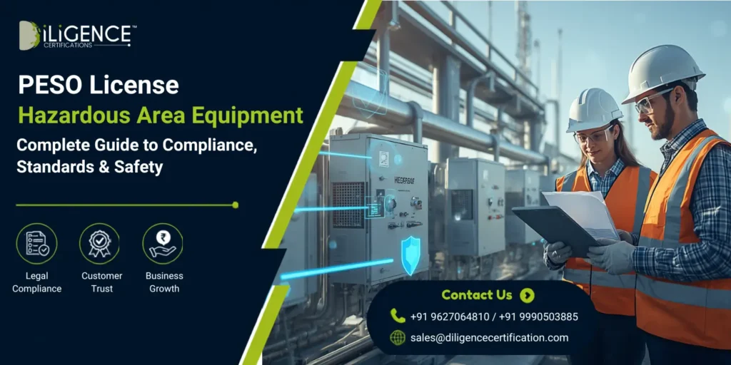 PESO License for Hazardous Area Equipment banner showing engineers inspecting industrial electrical control panels in a hazardous industrial facility, highlighting compliance, safety standards, and certification services.