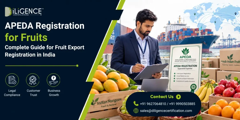 APEDA Registration for Fruits banner with fruit exporter, fresh fruits, cargo ship, and export certification in India