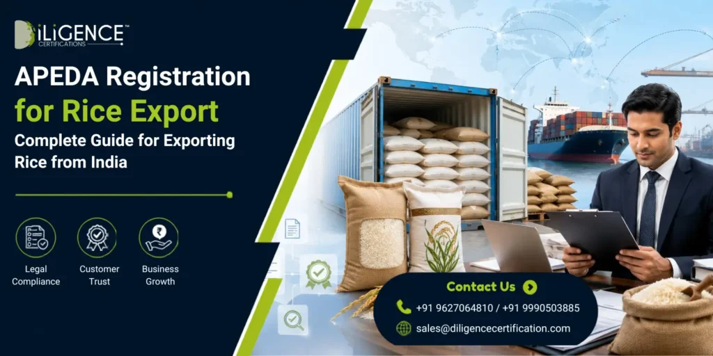 APEDA Registration for Rice Export banner showing rice bags, shipping container, cargo ship, export documents, and a business professional for rice export from India