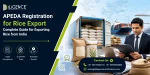 APEDA Registration for Rice Export banner showing rice bags, shipping container, cargo ship, export documents, and a business professional for rice export from India